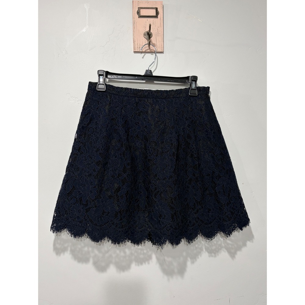 J.Crew Navy Blue Floral Lace Mini Skirt Scalloped Eyelash Hem A-Line Size 2
